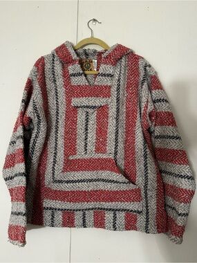 Baja Joe Woven Striped Baja Hoodie Mexican Blanket Drug Rug Pink Gray Black L